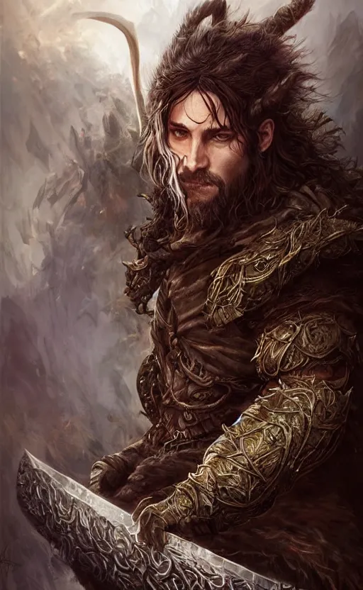 Image similar to a ruthless male druid, full body, 8 k, hyperrealistic, dragon slayer, hyperdetailed, fantasy portrait by laura sava