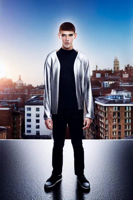 Image similar to un ultra high definition studio quality photographic art portrait of a young man standing on the rooftop of a british apartment building wearing soft padded silver pearlescent clothing. three point light. extremely detailed. golden ratio, ray tracing, volumetric light, shallow depth of field. set dressed.