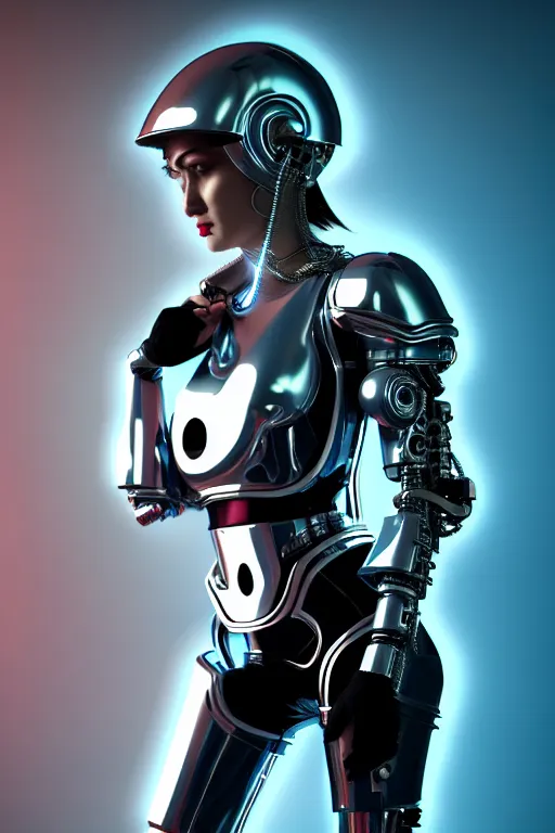 Prompt: female chrome futuristic cyborg with helmet, curved metal Loki horns, chrome motorcycle parts, full body, machine abstract background, neon bar lights, 3d render, octane, 8k, volumetric lighting, hyper-realistic, dark fantasy, diffuse lighting, intricate, highly detailed, lifelike, photorealistic, digital painting, trending on artstation, smooth, sharp focus, art by John Collier and Albert Aublet and Krenz Cushart and Artem Demura and Alphonse Mucha