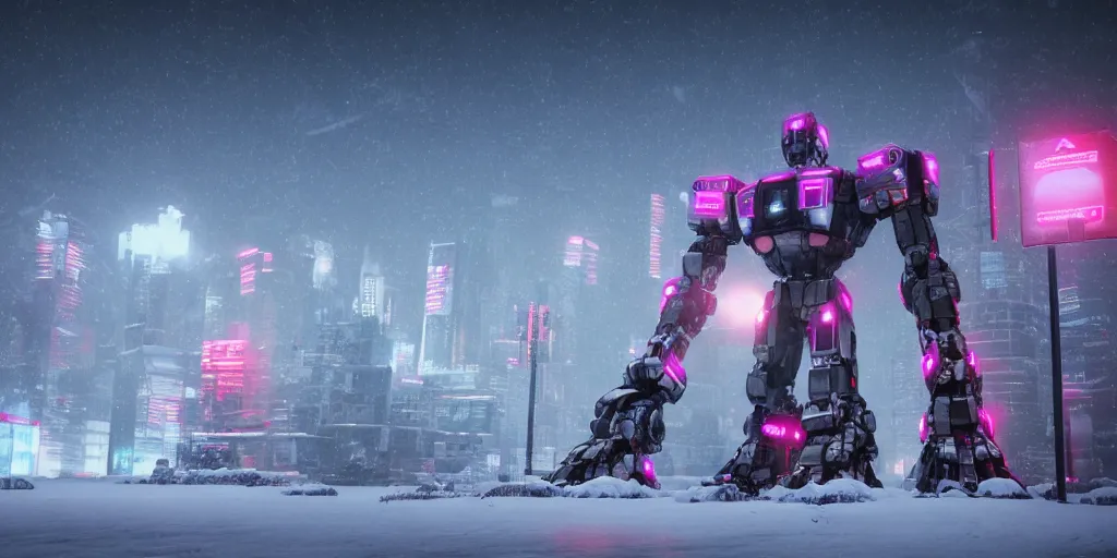 Image similar to a giant robot, megastructure, in a snowy land, render, 4 k, neon light