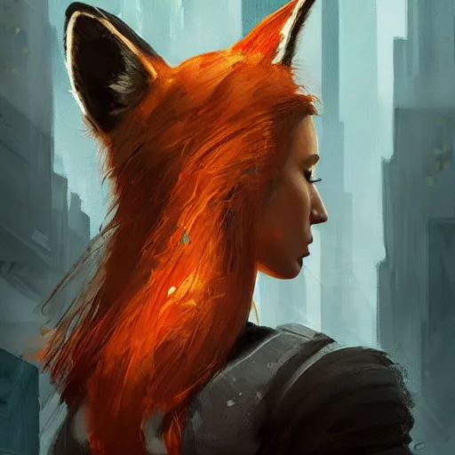 Image similar to midjourney :: a painting of a woman with a fox on her head, cyberpunk art by Sam Spratt, featured on Artstation, furry art, darksynth, artstation hd, 2d game art