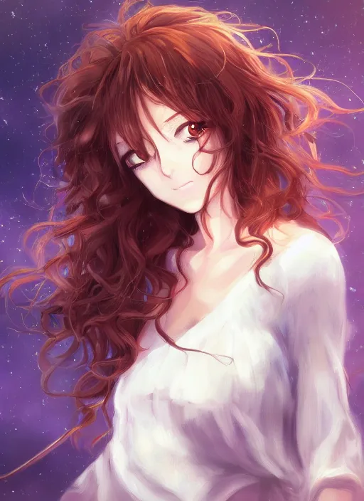 Prompt: portrait of a beautiful anime girl with curly brown hair listening to music, digital painting, trending on artstation, deviantart, artgem, perfect composition, ross draws, wlop