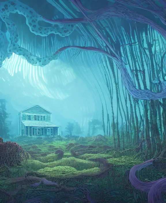 Image similar to an enormous schoolhouse made from jellyfish, overgrown with huge bioluminescent exotic fungus, deep in the woods, noon, sun drenched, partly cloudy, by dan mumford, yusuke murata, makoto shinkai, ross tran, cinematic, unreal engine, cel shaded, featured on artstation, pixiv