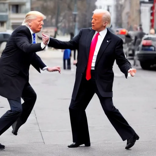 Prompt: donald trump and joe biden fighting in a street photo - realistic