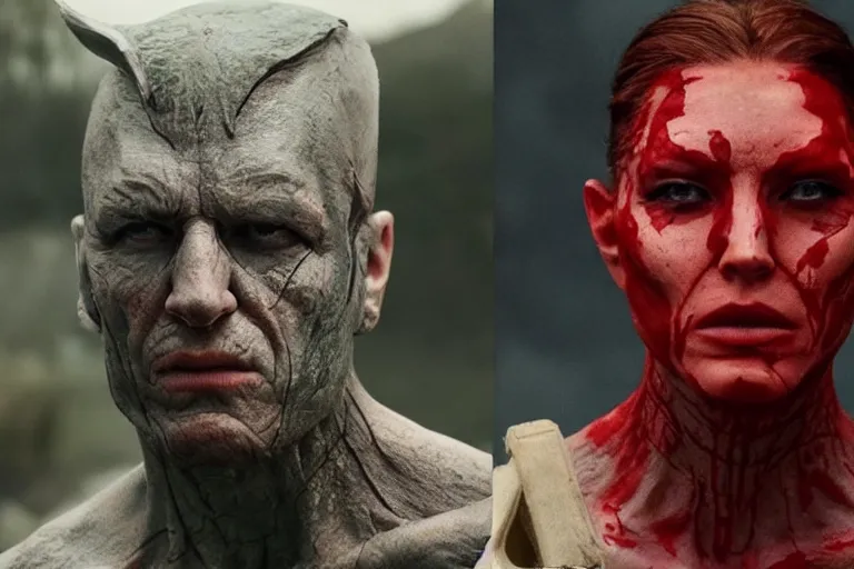 Prompt: VFX movie portrait DC vs. Marvel horde natural skin, war zone by Emmanuel Lubezki