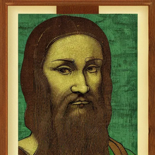 Image similar to portrait of leonardo da vinci in simple green background in the style of japanese cartoon and japanese wood print