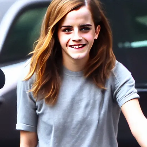 Image similar to emma watson unapologetically grinning from her car window, paparazzi photo, tabloid, flash photography