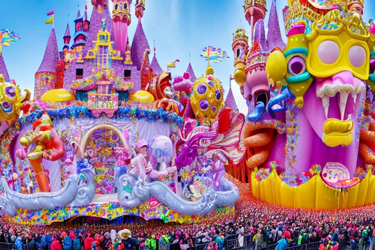 Image similar to photo of giant beautiful elaborate parade float castle designed by lisa frank and geof darrow, in the macys parade, detailed 4 k photo, gigapixel, hyperdetailed