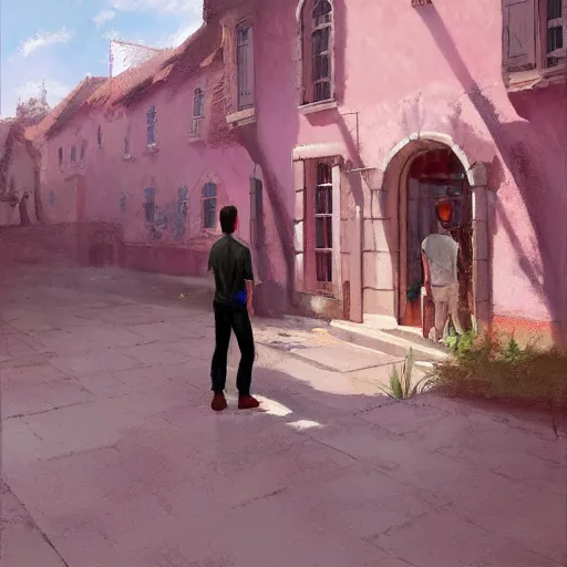 Image similar to concept art, young man in pink shirt standing near french windows, by james gurney, greg rutkowski, john howe, artstation