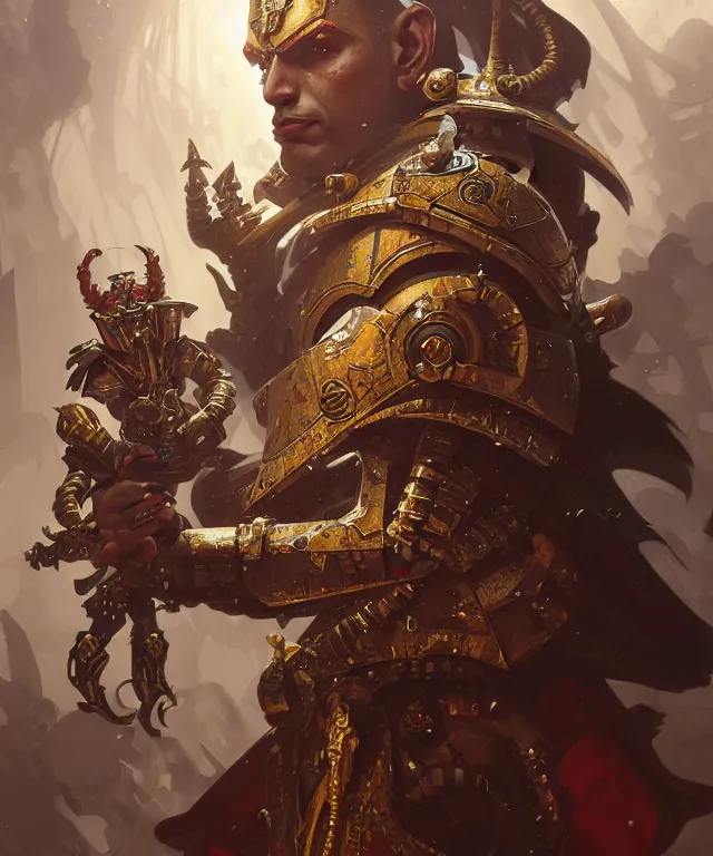 Prompt: Rishi Sunak as Warhammer 40k Emperor, portrait, fantasy, intricate, elegant, highly detailed, digital painting, artstation, concept art, smooth, sharp focus, illustration, art by artgerm and greg rutkowski and alphonse mucha