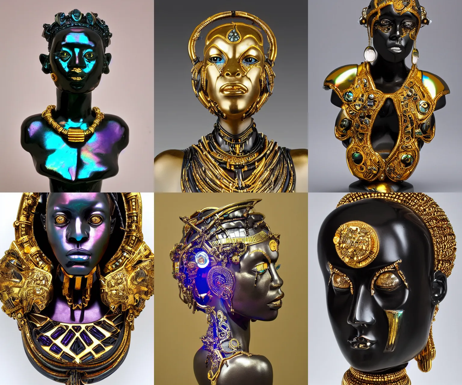 Prompt: iridescent onyx and gold bust of angry futuristic fat young cyborg galactic himba empress, organic cyborg, intricate, ornate, future baroque