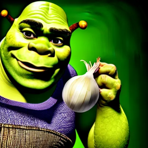 Image similar to a stock photo of shrek eating an onion, 8 k, ultra - realistic, white background, face cluse - up