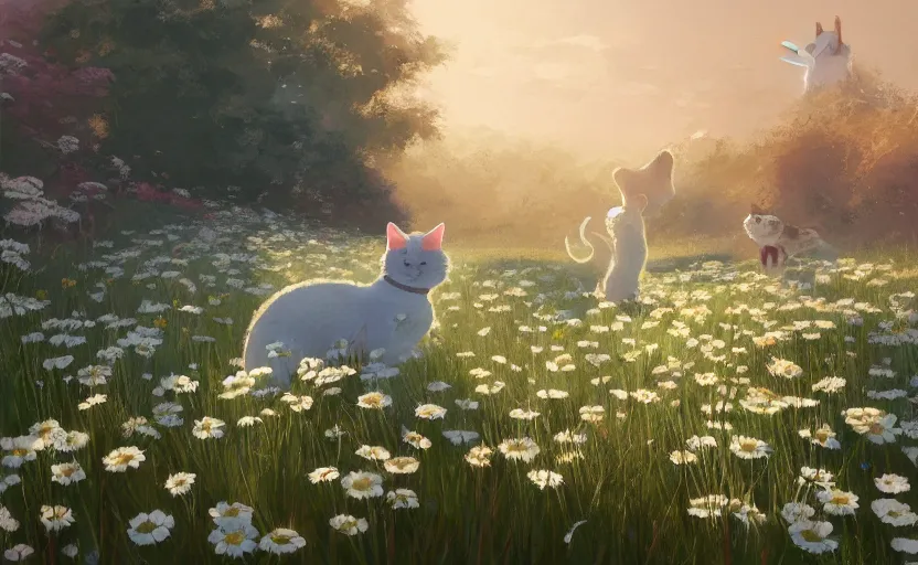 Image similar to cat and daisies, painting by craig mullins, octane rendering, soft morning lighting, wide angle lens, in the style of hayao miyazaki, trending on artstation,