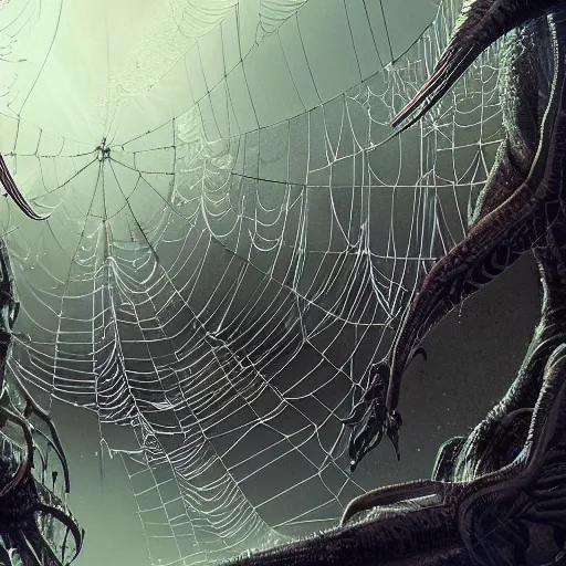 Prompt: alien world spiderwebs, concept art, wlop, hyper detailed,