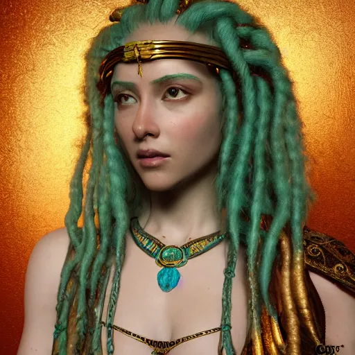 Prompt: octane render, artstation, 8 k, intricate detail, hyper detail, portrait by gaston bussiere, tan skin lady of elche, egyptian sumerian features, techno mystic goddess princess intergalactica inanna with aqua neon rapunzel dreadlocks,