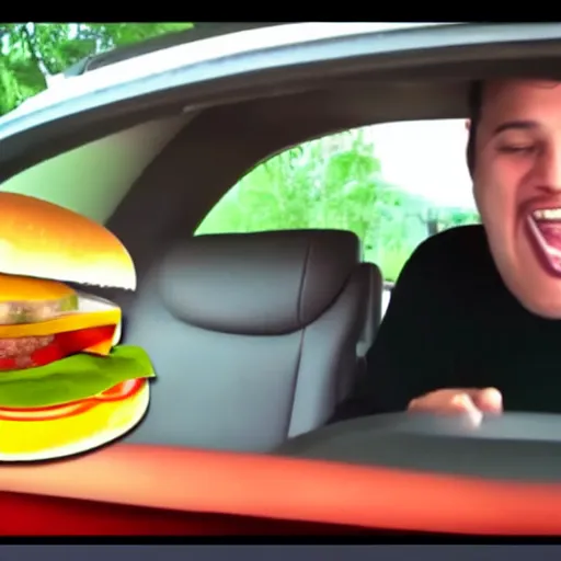 Image similar to anthropomorphic oozing garbage bag sitting in sweltering vehicle holding a cheeseburger for food review, still frame, youtube