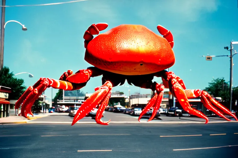 Image similar to 2 0 1 5 cute giant crab terrorizing a city, googie city, americana, fishcore, exterior photography, hd 8 k, photography cinestill