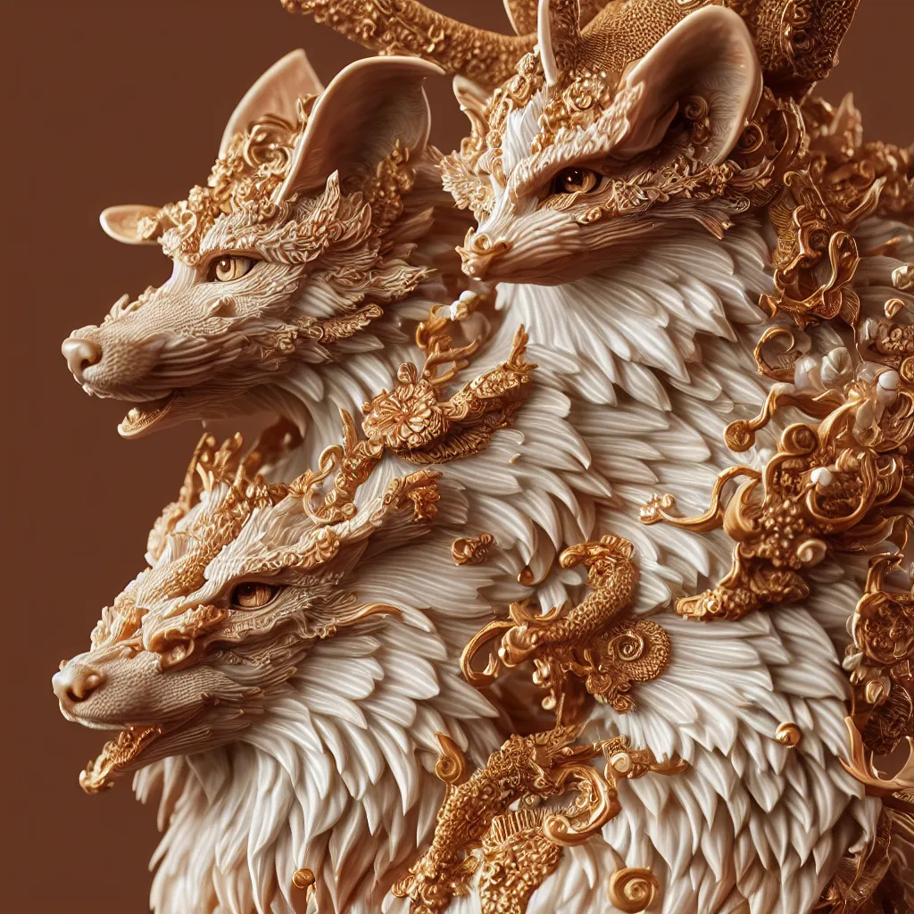 Image similar to a closeup photo - real delicate ceramic porcelain sculpture of an ornate detailed kitsune in front of a intricate background by davinci, micro detail, backlit lighting, subsurface scattering, translucent, thin porcelain, octane renderer, colorful, physically based rendering, trending on cgsociety