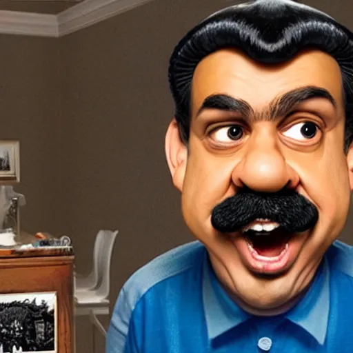 Image similar to beautifully rendered, masterpiece, caricature, claymation, luis guzman as luigi making absurd silly looking faces