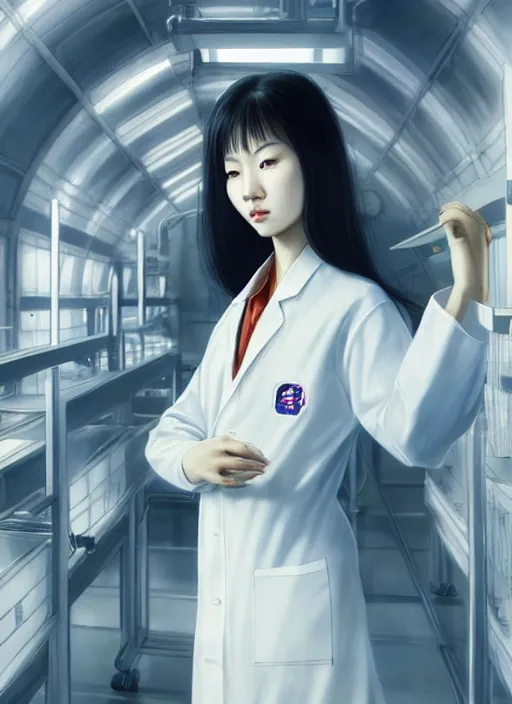 Image similar to beautiful asian girl, wearing lab coat, standing inside a research facility, character portrait, 1 9 6 0 s, long hair, intricate, elegant, highly detailed, digital painting, artstation, concept art, smooth, sharp focus, illustration, art by wlop, mars ravelo and greg rutkowski