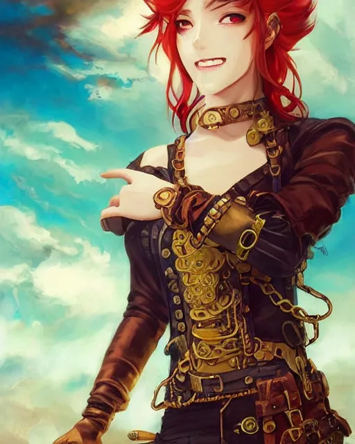 Image similar to a beautiful half body 2D illustration of a young female steampunk pirate wearing leather armor on gold and red trimmings on green, by Charlie Bowater, tom bagshaw, Artgerm and Lois Van Baarle, beautiful anime face, very cool pose, pirate ship with an epic sky background, slightly smiling, cinematic anime lighting and composition, fantasy painting, very detailed, ornate, trending on artstation and pinterest, deviantart, google images