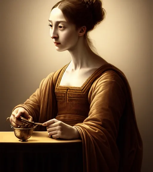Image similar to portrait of happiness sitting upon a table with heightened detail, poised, intense emotion, detailed facial expression, detailed surroundings, intricate, elegant, highly detailed, centered, digital painting, artstation, concept art, smooth, sharp focus, illustration, by ( leonardo da vinci ), wlop