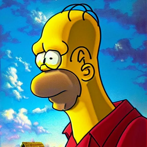 Prompt: realistic painted portrait of homer simpson, by thomas kinkade