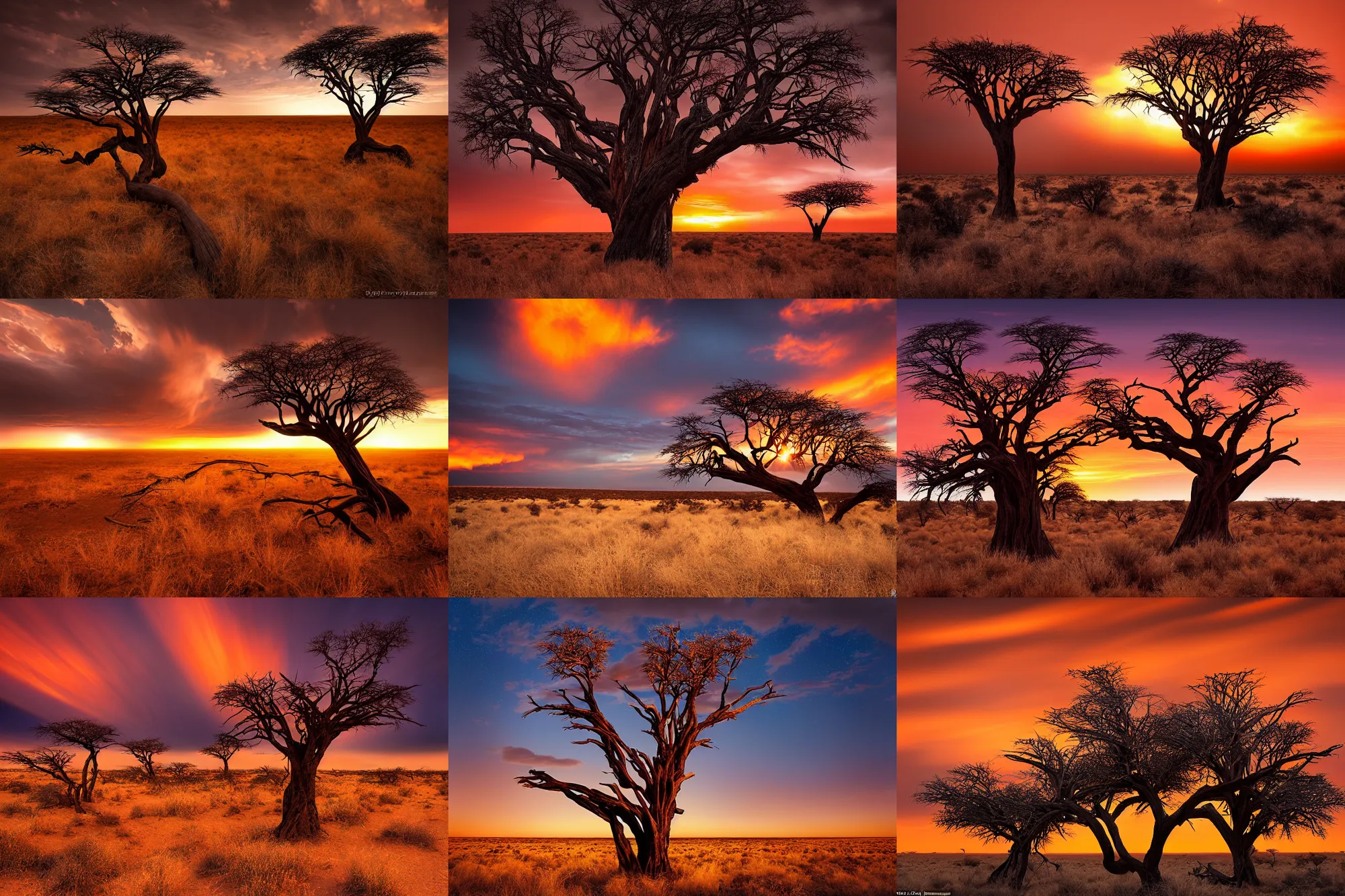 Prompt: beautiful landscape photography of the Kalahari desert, a dead intricate tree in the foreground, sunset, dramatic lighting by Marc Adamus,
