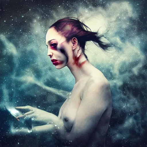 Image similar to phantom grip, the edge of the universe (on film), by Brooke Shaden and Sandra Chevrier