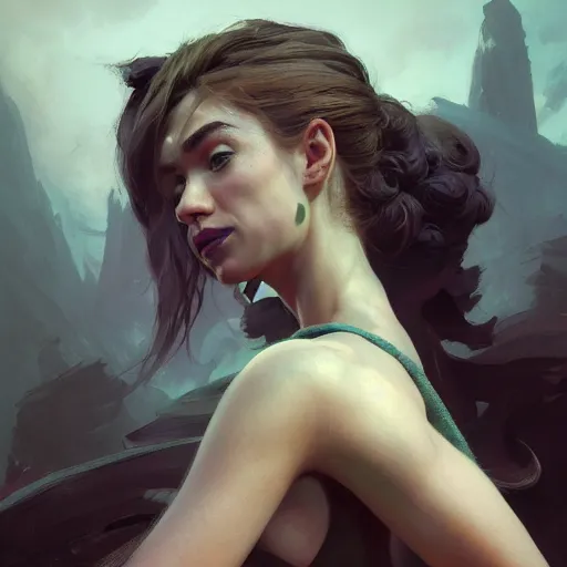 Image similar to side portrait of imogen poots, deathknight, matte painting, bold shapes, hard edges, octane render, trending on artstation, sickly green backlit glow, by greg manchess, huang guangjian, gil elvgren, sachin teng, greg rutkowski, jesper ejsing, ilya kuvshinov, cushart krenz