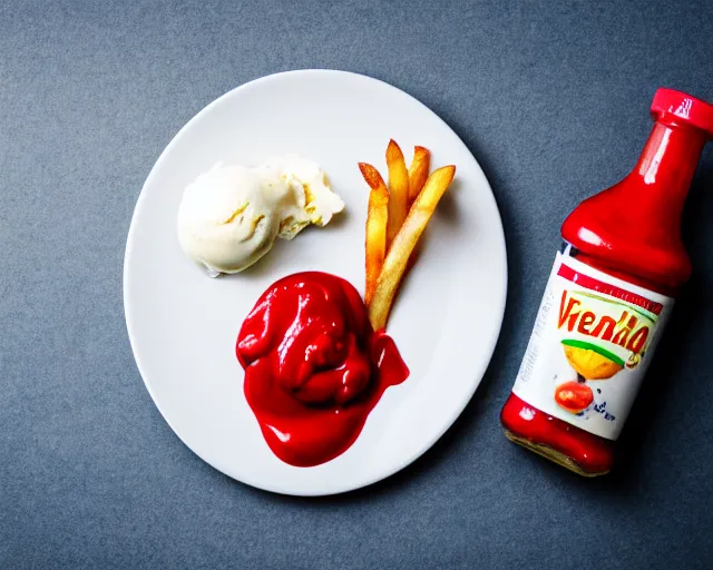 Image similar to dslr food photograph of vanilla ice cream with ketchup on, a leaf on the ice cream, french fries on the side, a bottle of ketchup, bokeh, 8 5 mm f 1. 4