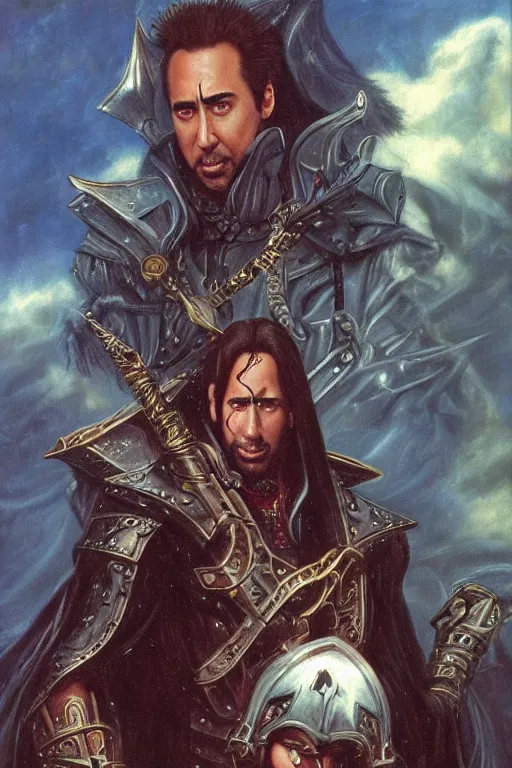 Image similar to !dream Nicholas Cage as a paladin, detailed fantasy art by Gerald Brom