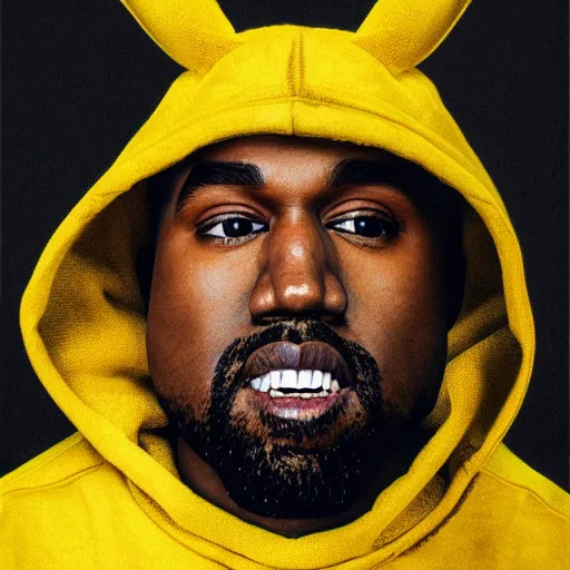 Prompt: portrait of kanye west in a yellow pikachu! hoody