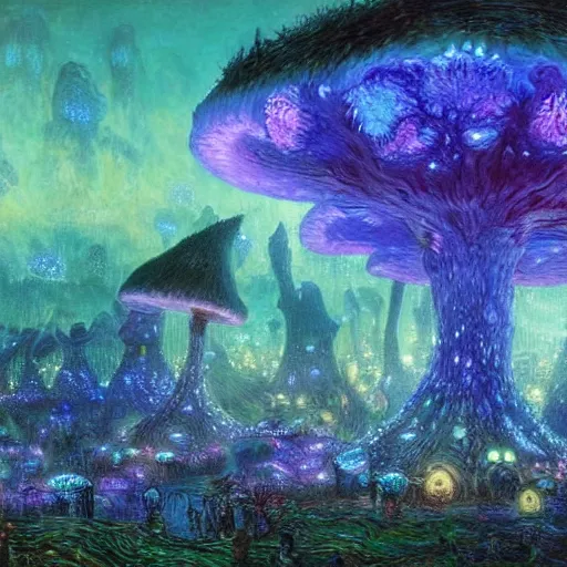 Image similar to concept art detailed painting of a dark purple fantasy fairytale fungal town made of mushrooms, with glowing blue lights, in the style of wayne barlowe and vincent van gogh and albert bierstadt and claude monet