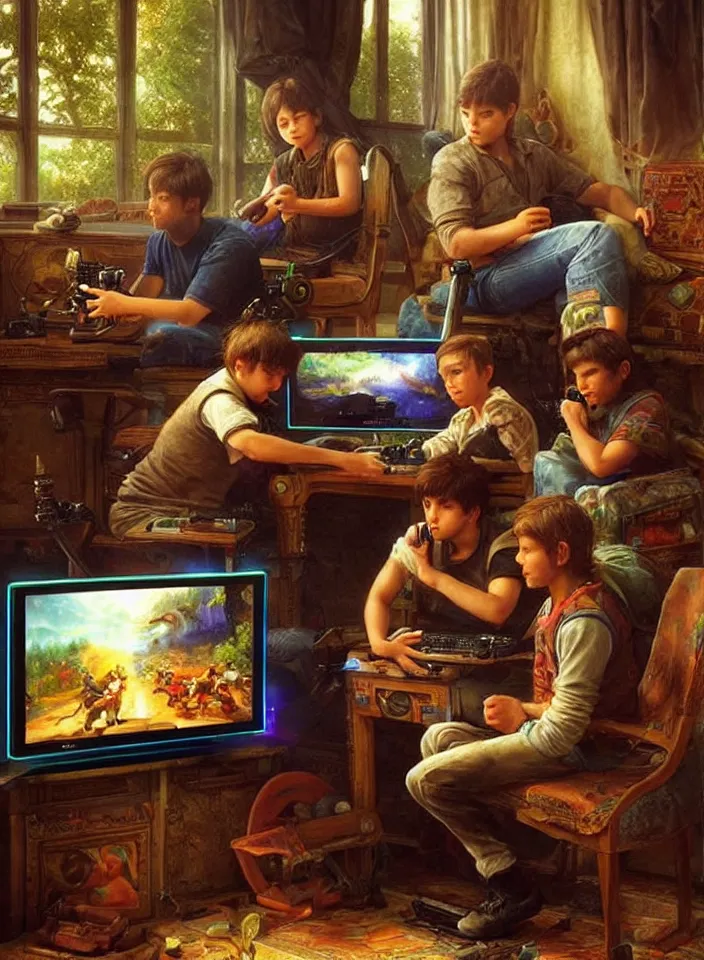 Image similar to Men playing video games on CRT television using Atari joysticks. Painting by Sophie Anderson. Intricate details. hyper realism. Masterpiece.