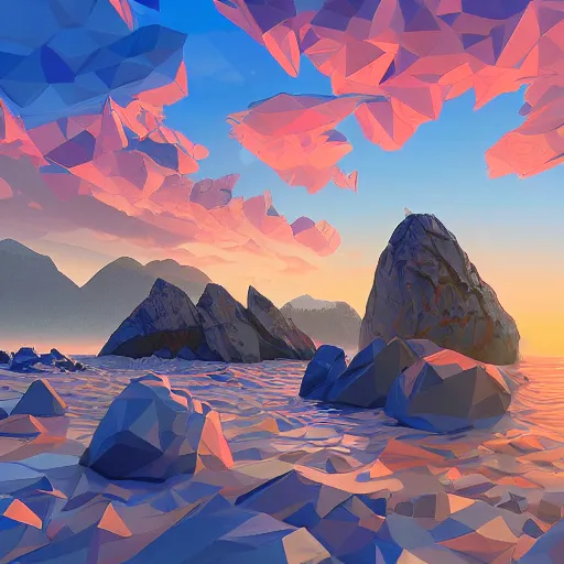 Prompt: super detailed color lowpoly art, northern sunset with rocks on front, monochrome photorealistic bay in the middle of perspective and mountains at background, big graphic seiner ship, unreal engine, high contrast color palette, 3 d render, lowpoly, colorful, digital art, perspective, full volume composition, robb cobb, syd mead