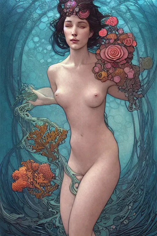 Image similar to portrait of a beautiful mysterious woman underwater, hidden hands holding a bouquet of flowers, corals and fish, by eve ventrue, michael carson, andreas rochas, john watkiss, casey weldon, artgerm. art nouveau. tarot card by mucha. gloomhaven. swirly intricate linework background. gaudy colors, sharp edges. octane render