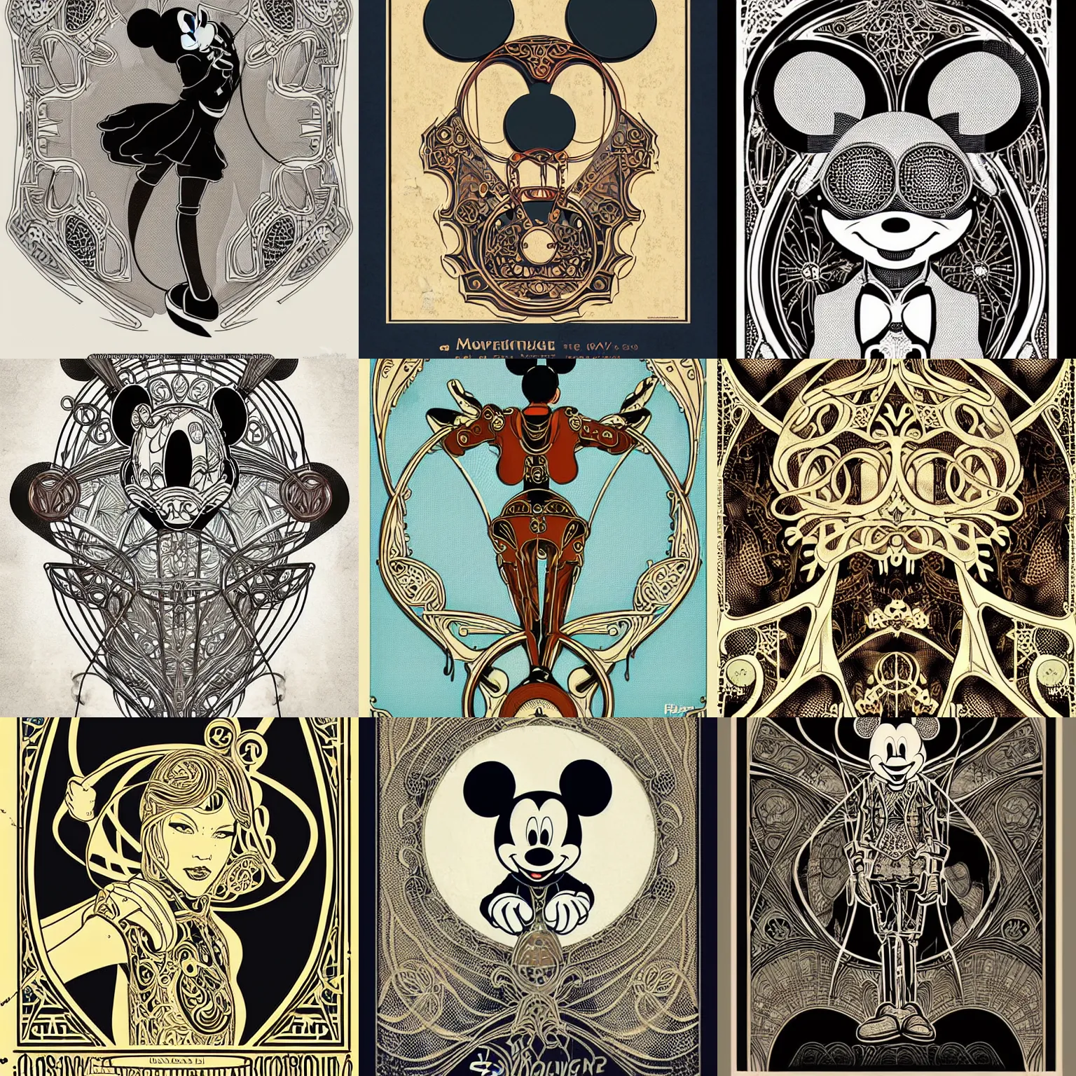 Prompt: vintage art nouveau style poster (((mickey mouse))) as a cyborg, detailed filigree fretwork lacework