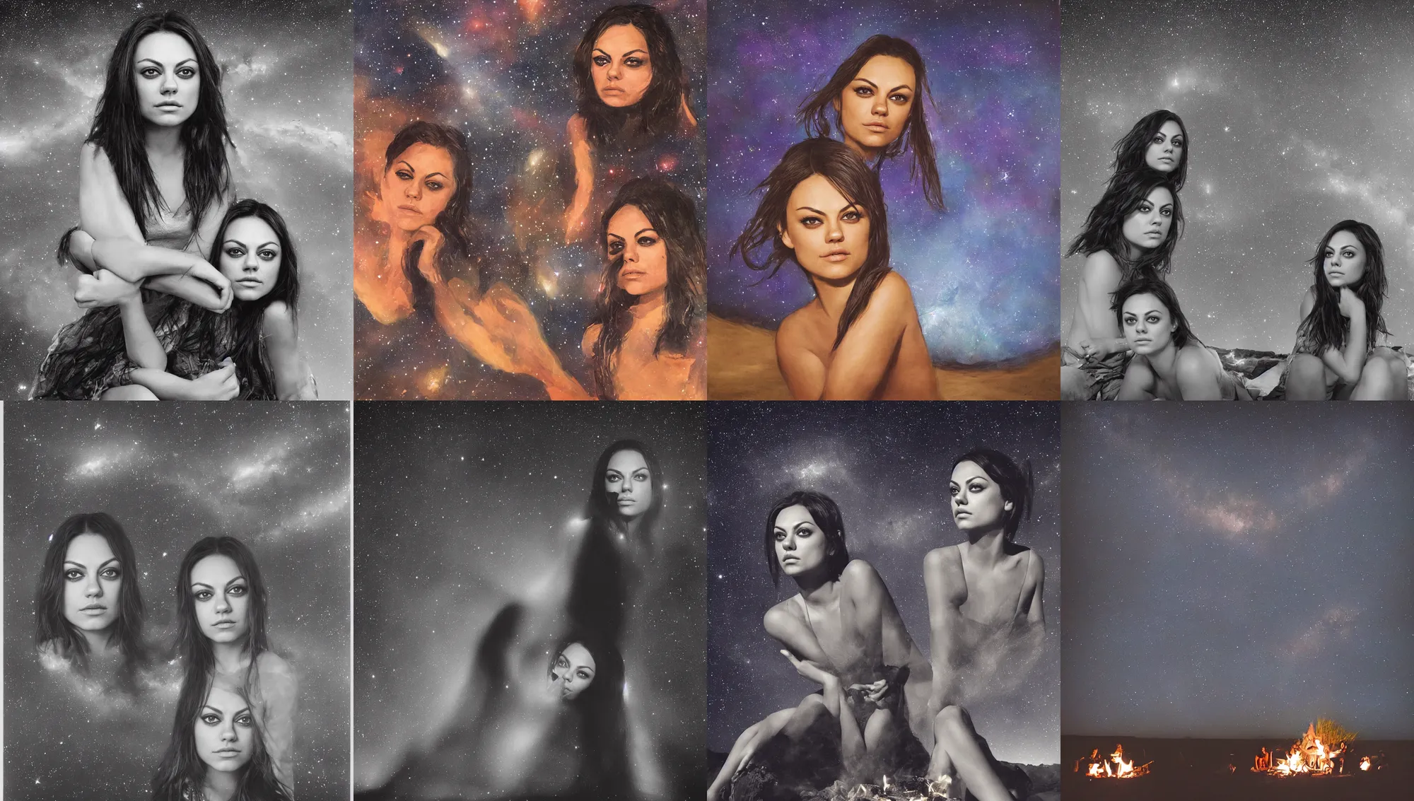 Prompt: face portrait of mila kunis sitting next to a beach campfire at night, stars, nebula, 1 9 5 0