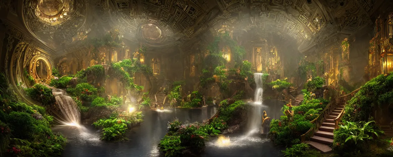 Image similar to interiors of a godly palace constructed of mirrors and spiraling staircases at night, life-size terrarium, flowing water, waterfalls, plants, glowing light, symmetrical, sacred geometry, heavenly, enchanted environment, fog, mist, low light, evil, dark, environment concept, cgsociety, environment 8K artstation, cinematic lighting, intricate details, 4k detail post processing, hyperealistic, unreal engine 5 render, photo realism, ultra detailed cinematic