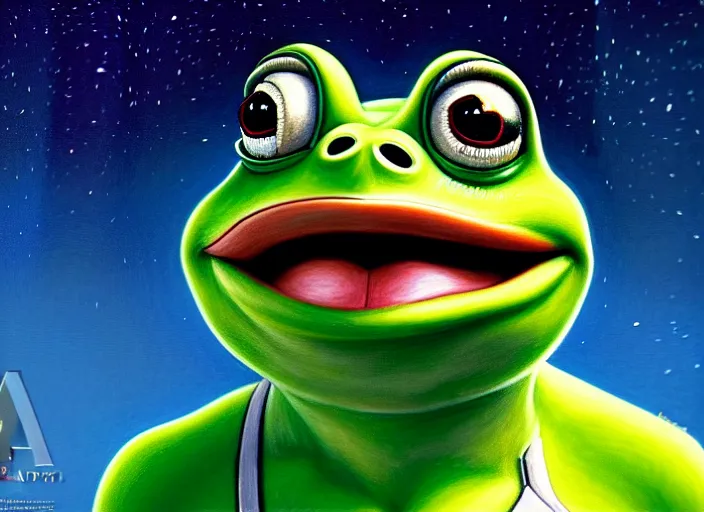 Image similar to a disney film still of pepe the frog as a star trek officer, finely detailed features, closeup of the face, perfect art, dusk, blue hour, gapmoe yandere grimdark, trending on pixiv fanbox, painted by greg rutkowski, makoto shinkai, takashi takeuchi, alphonse mucha, akihiko yoshida