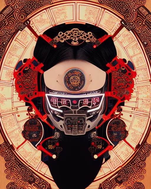 Image similar to portrait of a cyberpunk machine, machine face, upper half portrait, decorated with chinese opera motifs, asian, fine china, traditional chinese art, intricate, elegant, highly detailed, symmetry, headpiece, digital painting, artstation, concept art, smooth, sharp focus, illustration, art by artgerm and greg rutkowski and alphonse mucha, 8 k