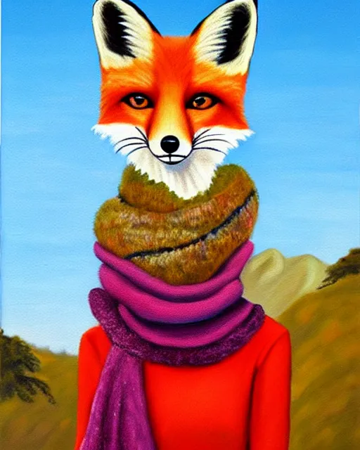 Image similar to oil painting portrait of anthropomorphic female fox animal dressed in sweater and scarf, fox animal, hollywood sign in background, oil painting,