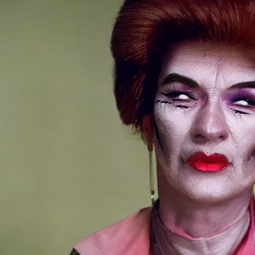 Prompt: an older woman with incredibly heavy 1 9 8 0 s makeup, movie still