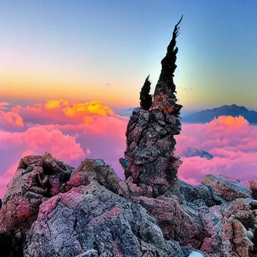Image similar to at the top of the mountain, the sunset, above all the people is a huge huge ego, in the form of a twisted old man. thick pink clouds.
