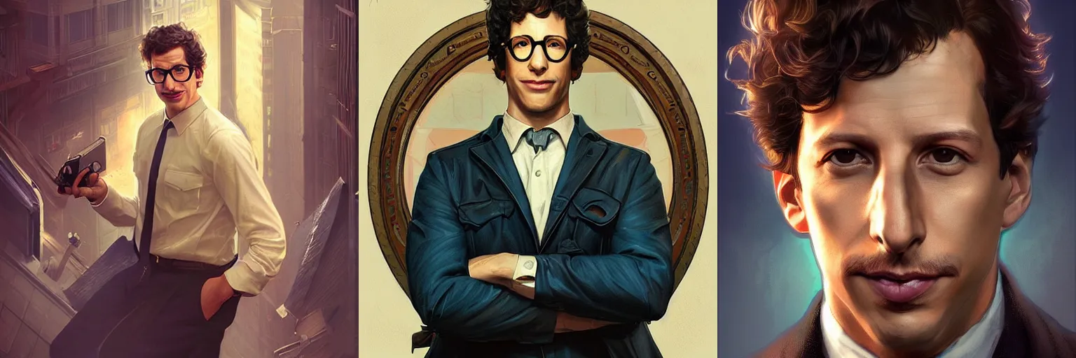 Prompt: portrait of Andy Samberg as a detective, highly detailed, digital painting, artstation, concept art, sharp focus, illustration, art by artgerm and greg rutkowski and alphonse mucha