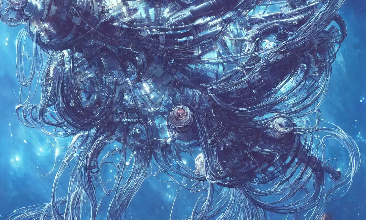 Prompt: a hyper detailed painting of a cyberpunk jellyfish, cables everywhere, blue tones, underwater, 16 mm, highly detailed, digital painting, artstation, concept art, smooth, sharp focus, illustration, art by artgerm and greg rutkowski and alphonse mucha