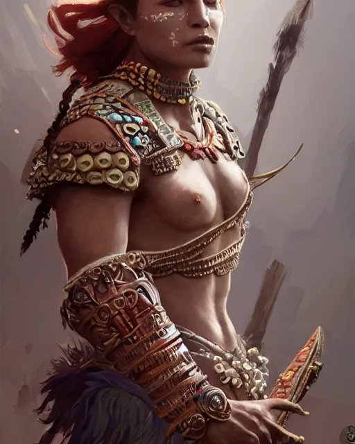 Prompt: ultra realistic stunning aztec warrior, fantasy, intricate, elegant, highly detailed, digital painting, artstation, concept art, smooth, sharp focus, illustration, edge highlights, beautiful light and shadows, art by krenz cushart and greg rutkowski and sachin teng and sergey kolesov and ruan jia and heng z