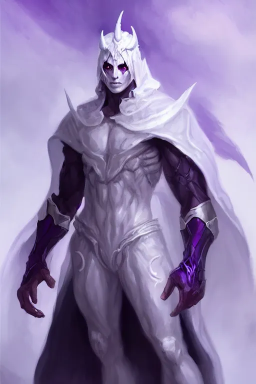 Prompt: human male demon, full body white purple cloak, hero, character concept art, costume design, black eyes, white horns, trending on artstation, Artgerm , WLOP