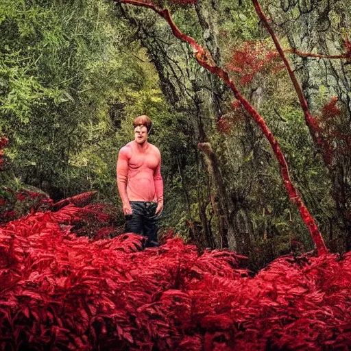 Image similar to Dexter Morgan dressed in red, hiding in the bushes, dreamy landscape